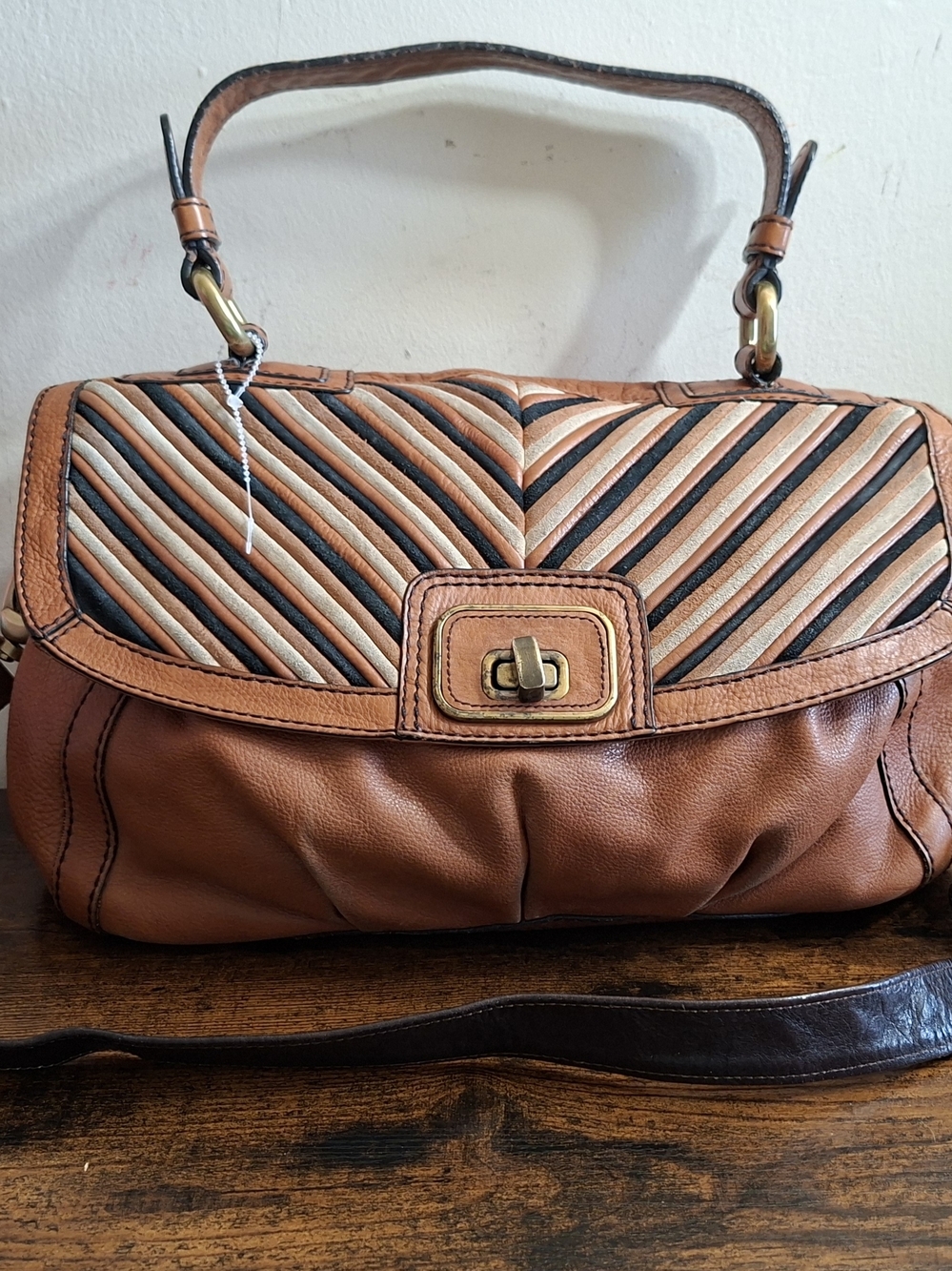 Fossil Brown Leather Shoulder Bag with Striped Flap